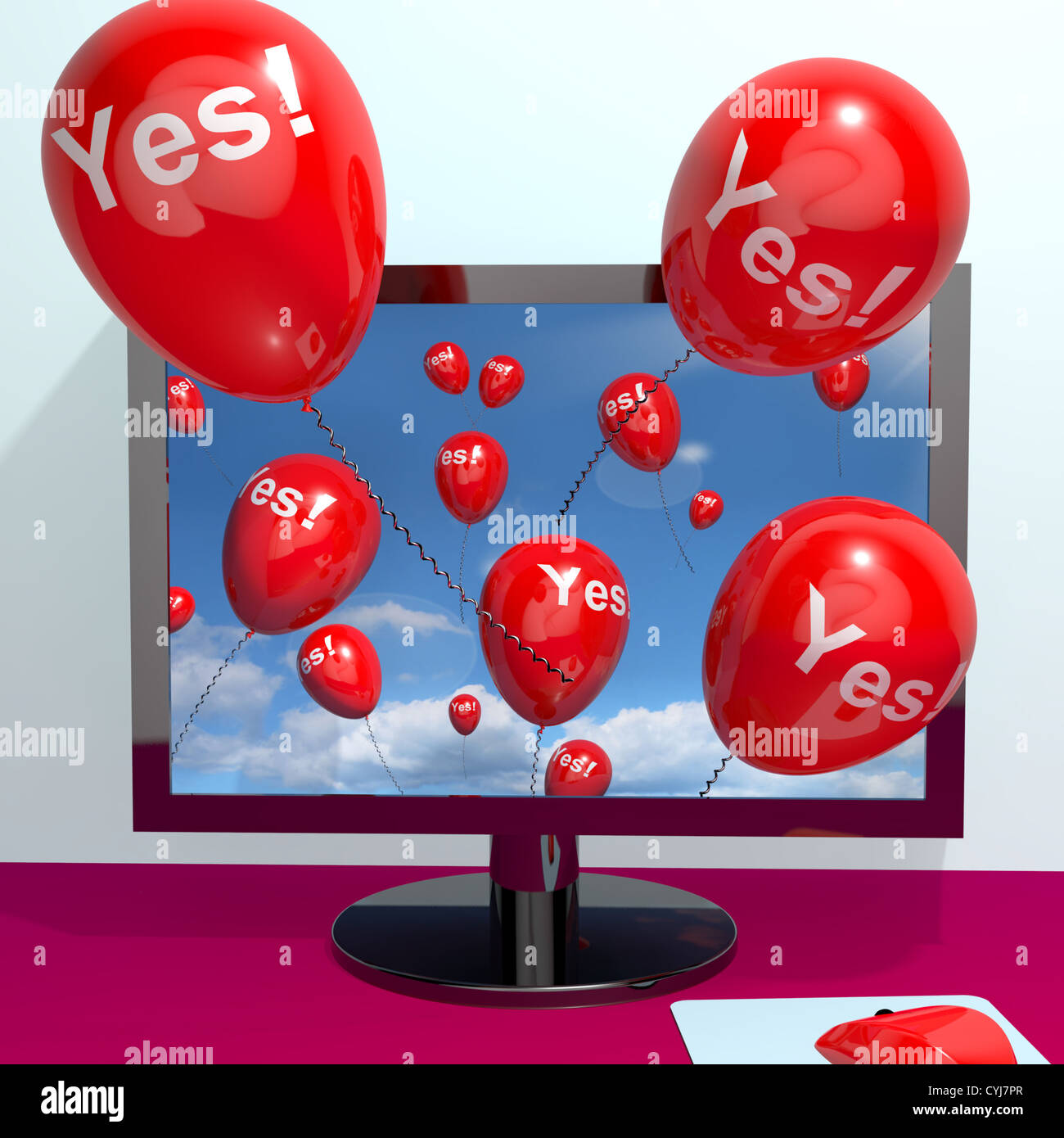 Yes Balloons From A Computer Shows Approval And Support Message Online Stock Photo