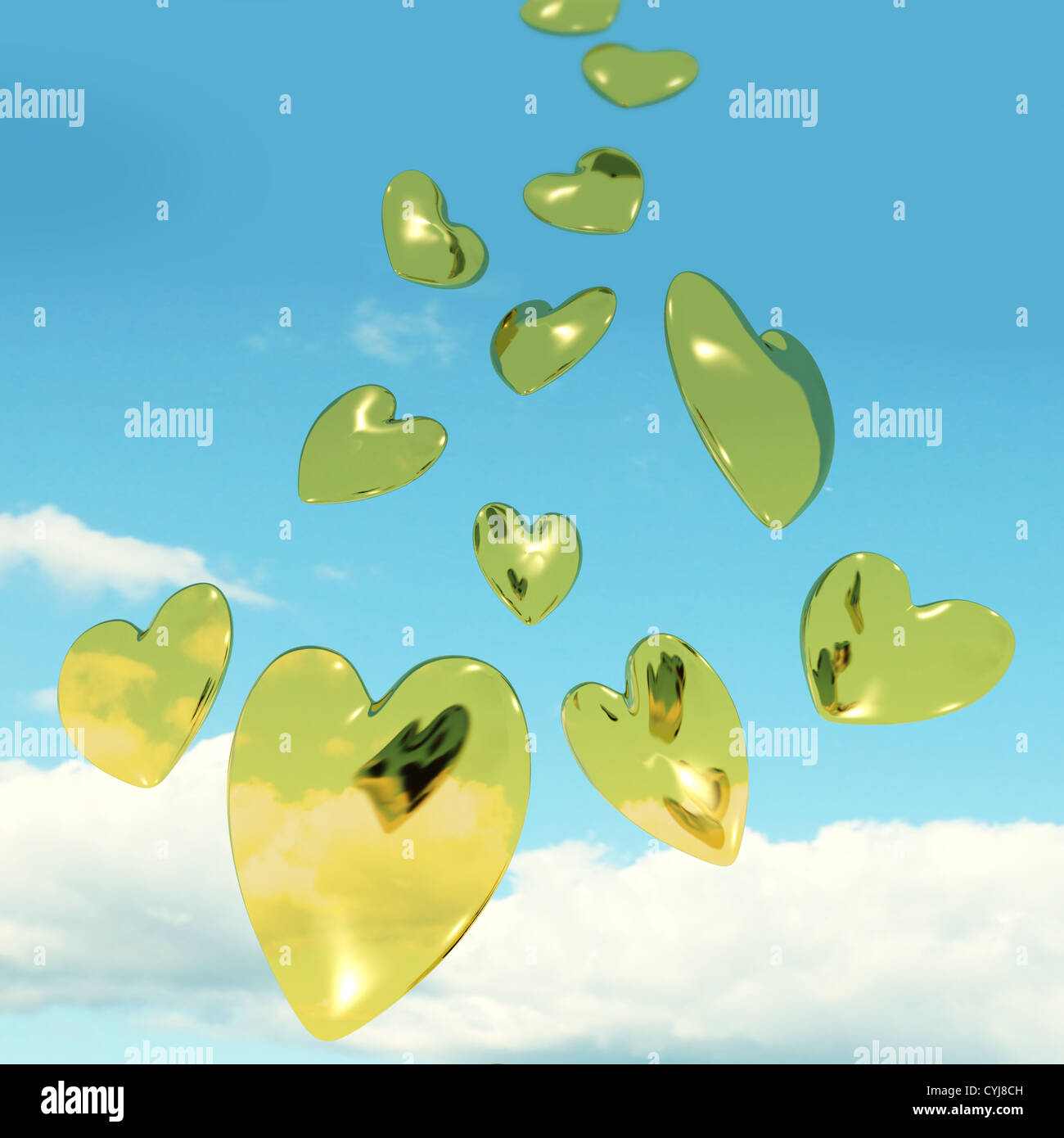Metallic Gold Hearts Falling From The Sky Shows Love And Romance Stock Photo