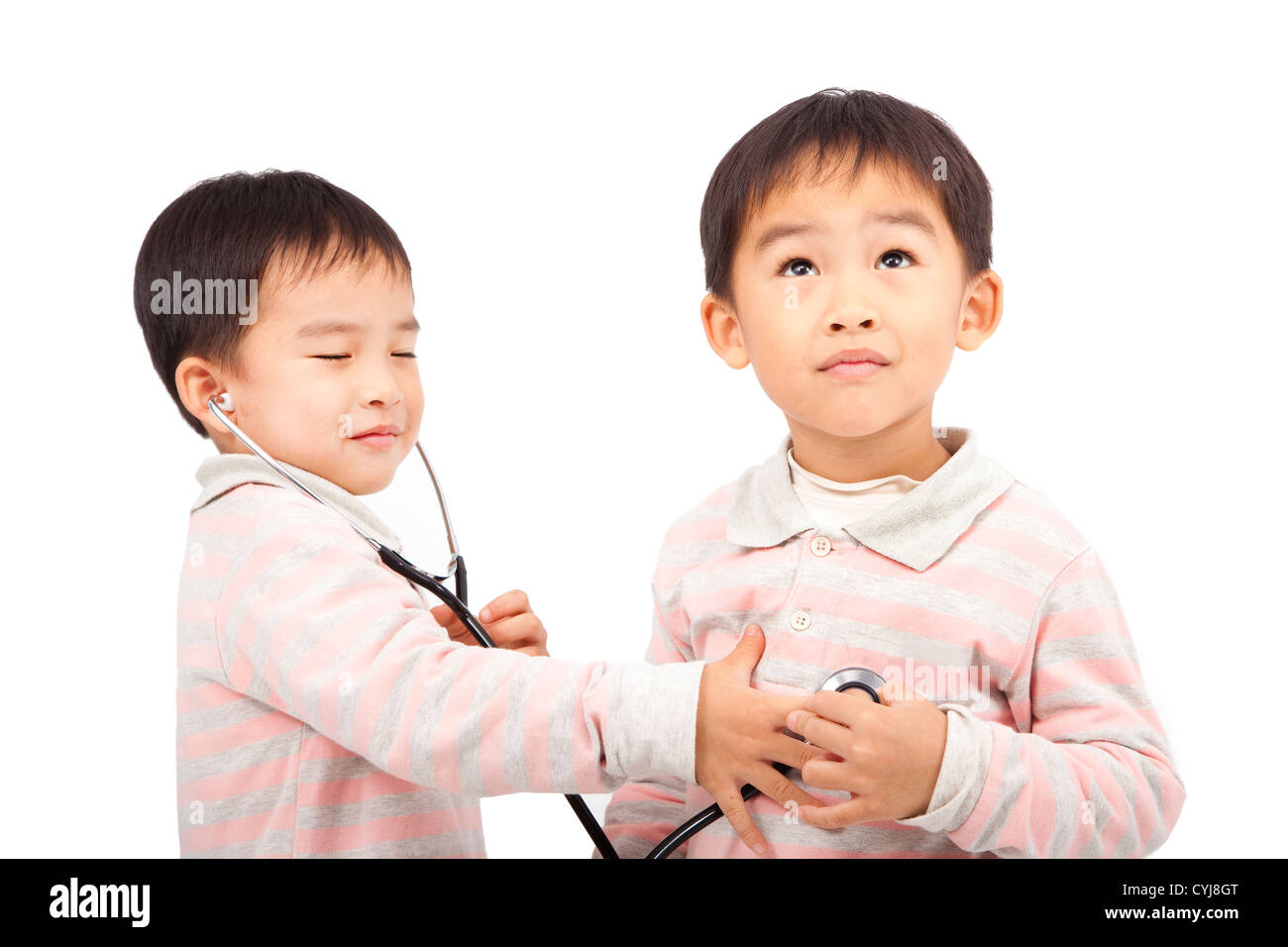 two boys using stethoscope Check the heartbeat Stock Photo Alamy