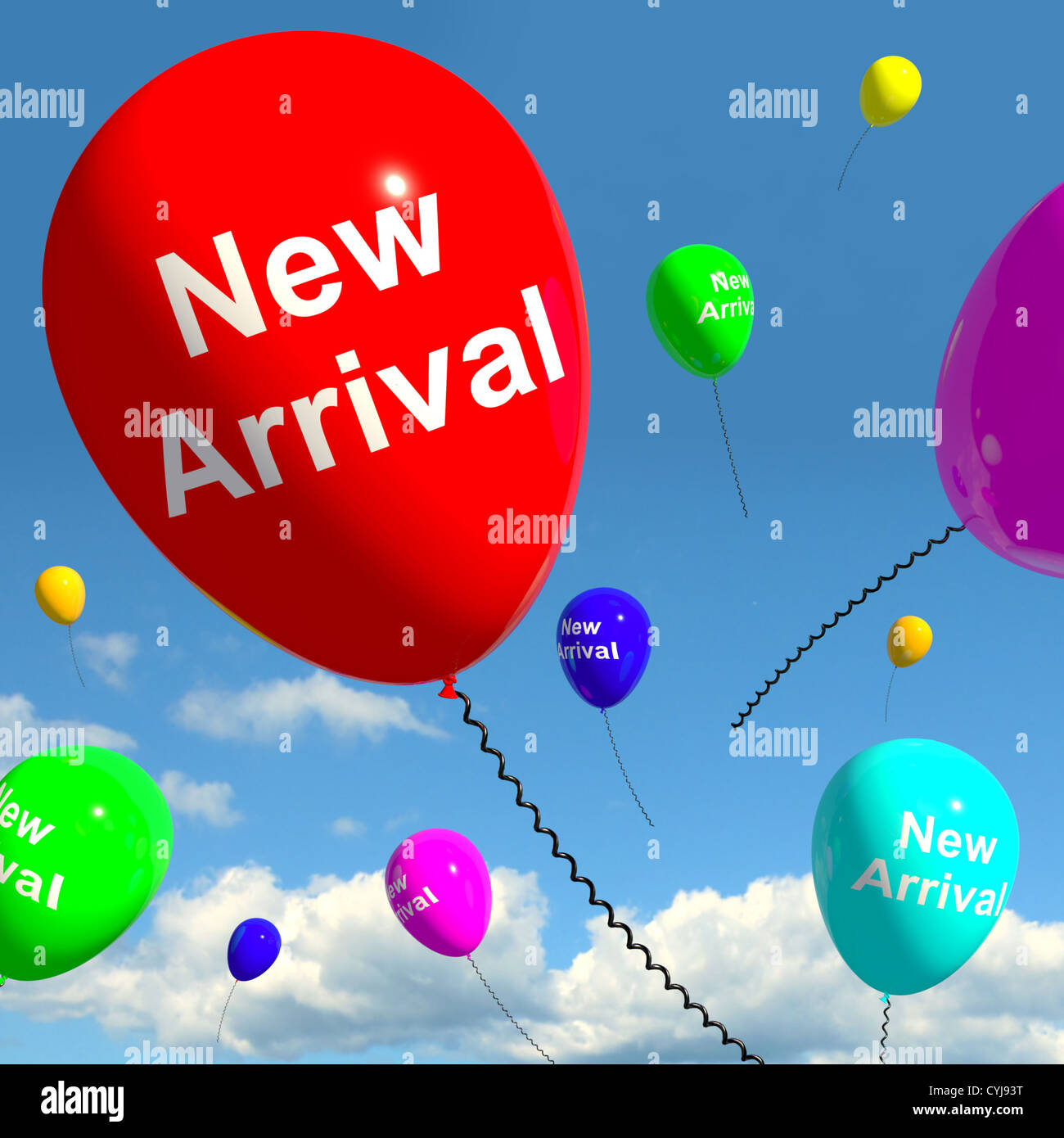 New Arrival Balloons In The Sky Shows Latest Product Online Or New Baby Stock Photo