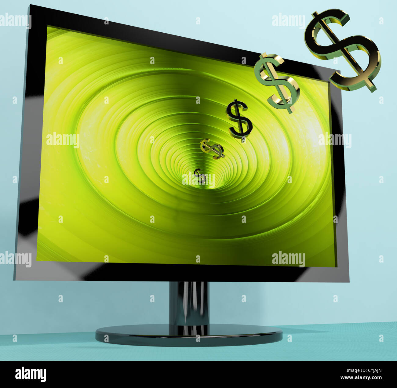 Dollar Symbols Coming From Screen Showing Money Wealth Earnings Or Online Winning Stock Photo