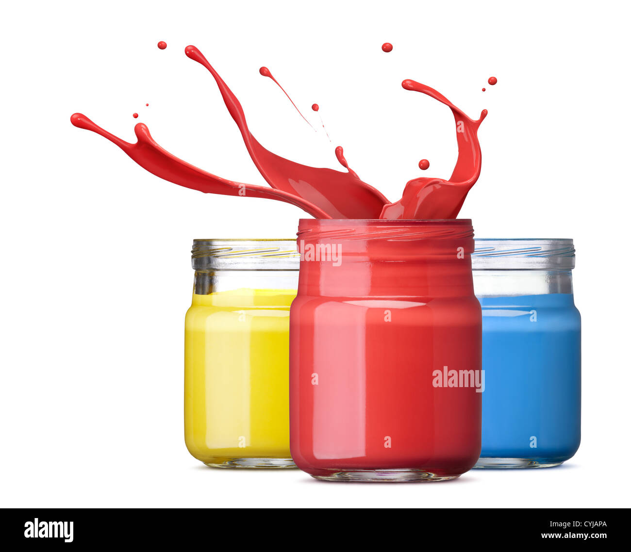 bottles of ink in primary colors, red with splash Stock Photo