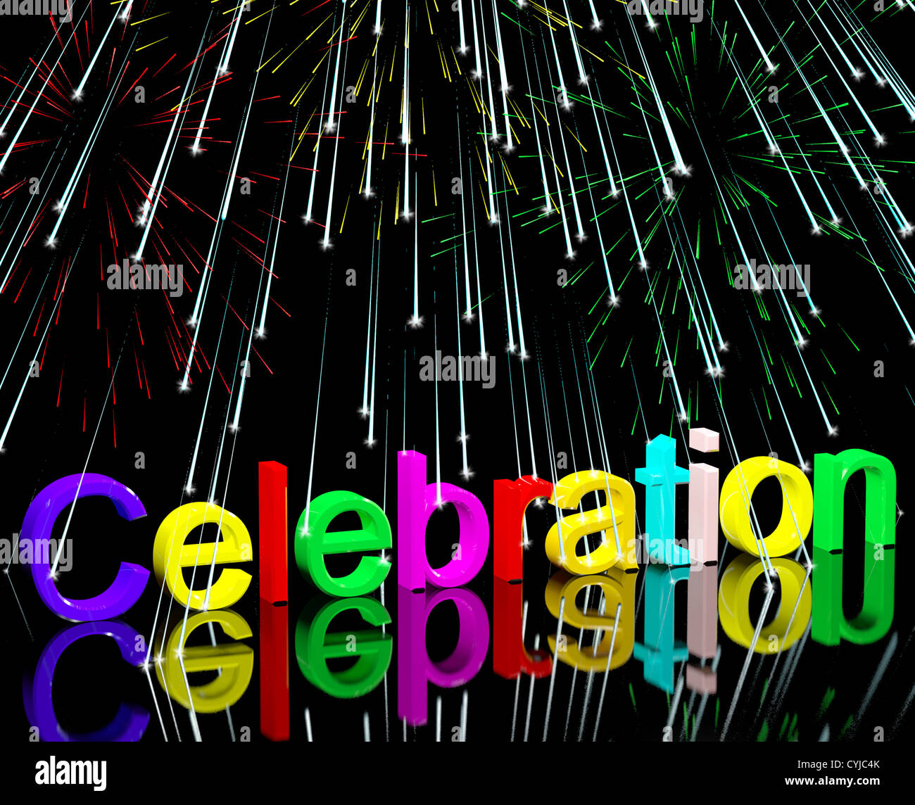 Word Celebration With Fireworks As New Years Or Independance Stock Photo