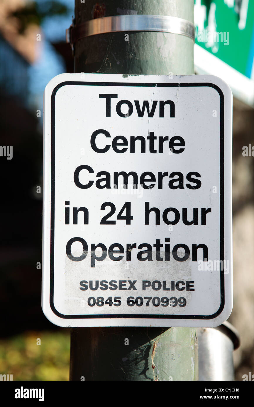 Town Centre Cameras Warning Sign, Horsham, Sussex, England Stock Photo