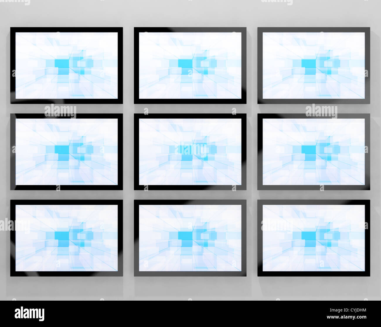 TV Monitors Wall Mounted Representing High Definition Television Or HDTVs Stock Photo
