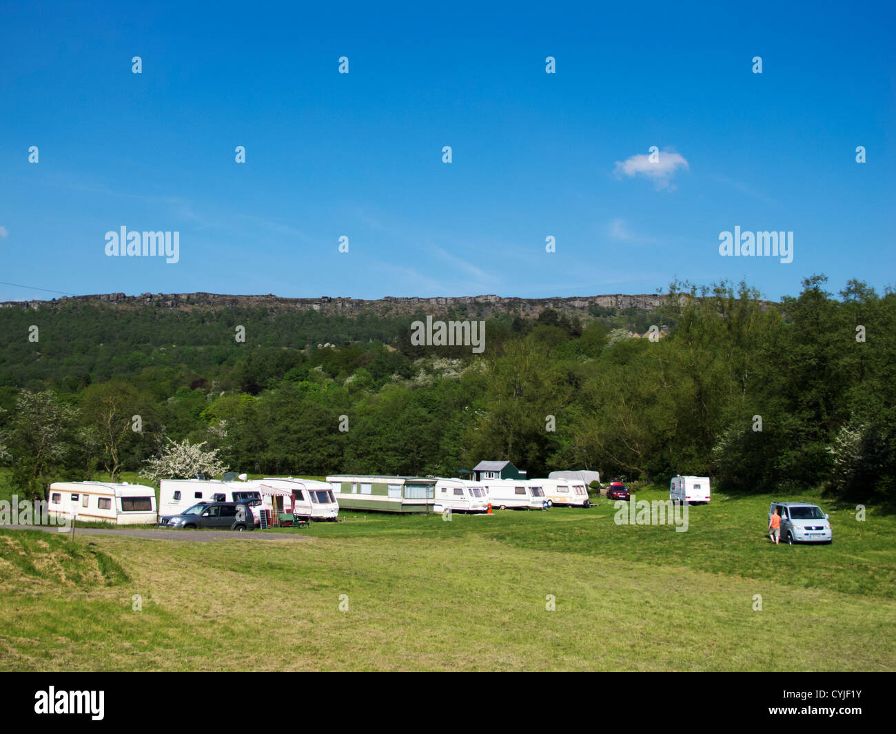 Touring caravans parked on site below Calver Edge in the Peak District ...