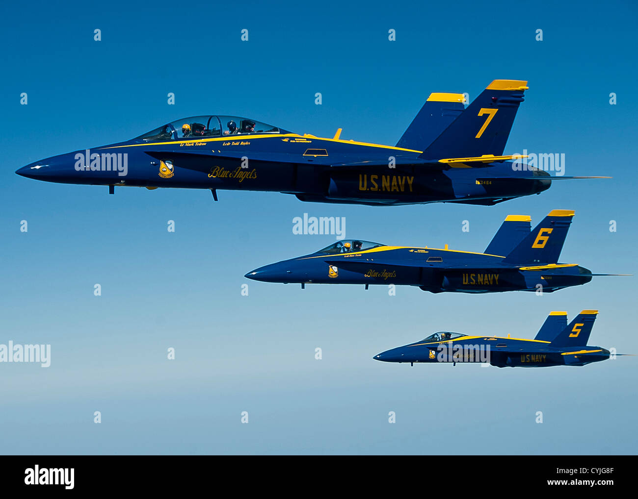 A formation of US Navy Blue Angel FA-18 Hornets fly together September 20, 2012 over Altus Air Force Base, Oklahoma. Stock Photo