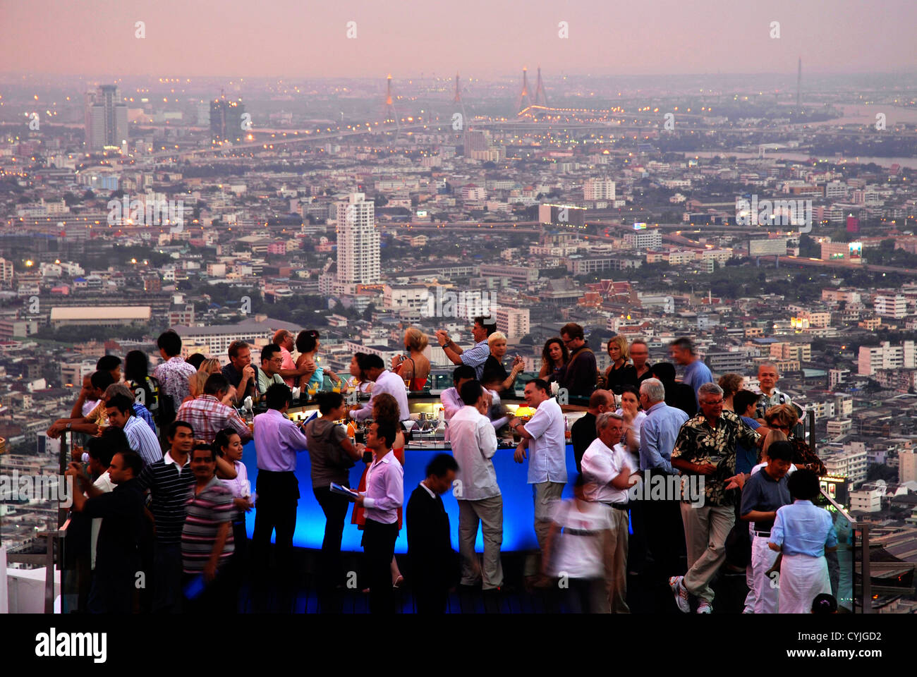 People, View, Panoramic, Bar, Restaurant, Breeze,  Dome, State Tower, Bangkok, Thailand, Asia, Sirocco Stock Photo