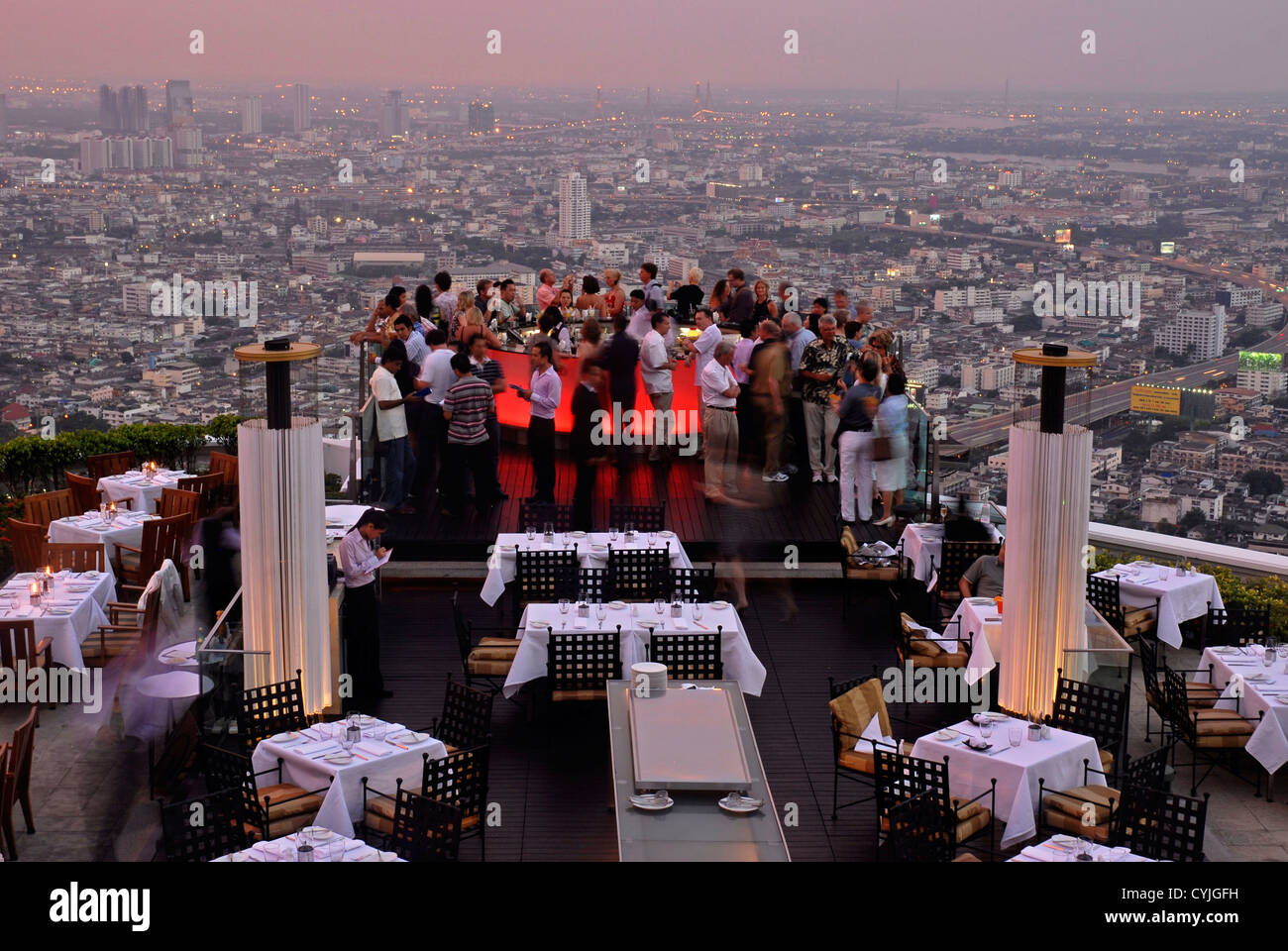 People, View, Panoramic, Night life, Bar, Restaurant, Breeze,  Dome, State Tower, Bangkok, Thailand, Asia, Sirocco Stock Photo