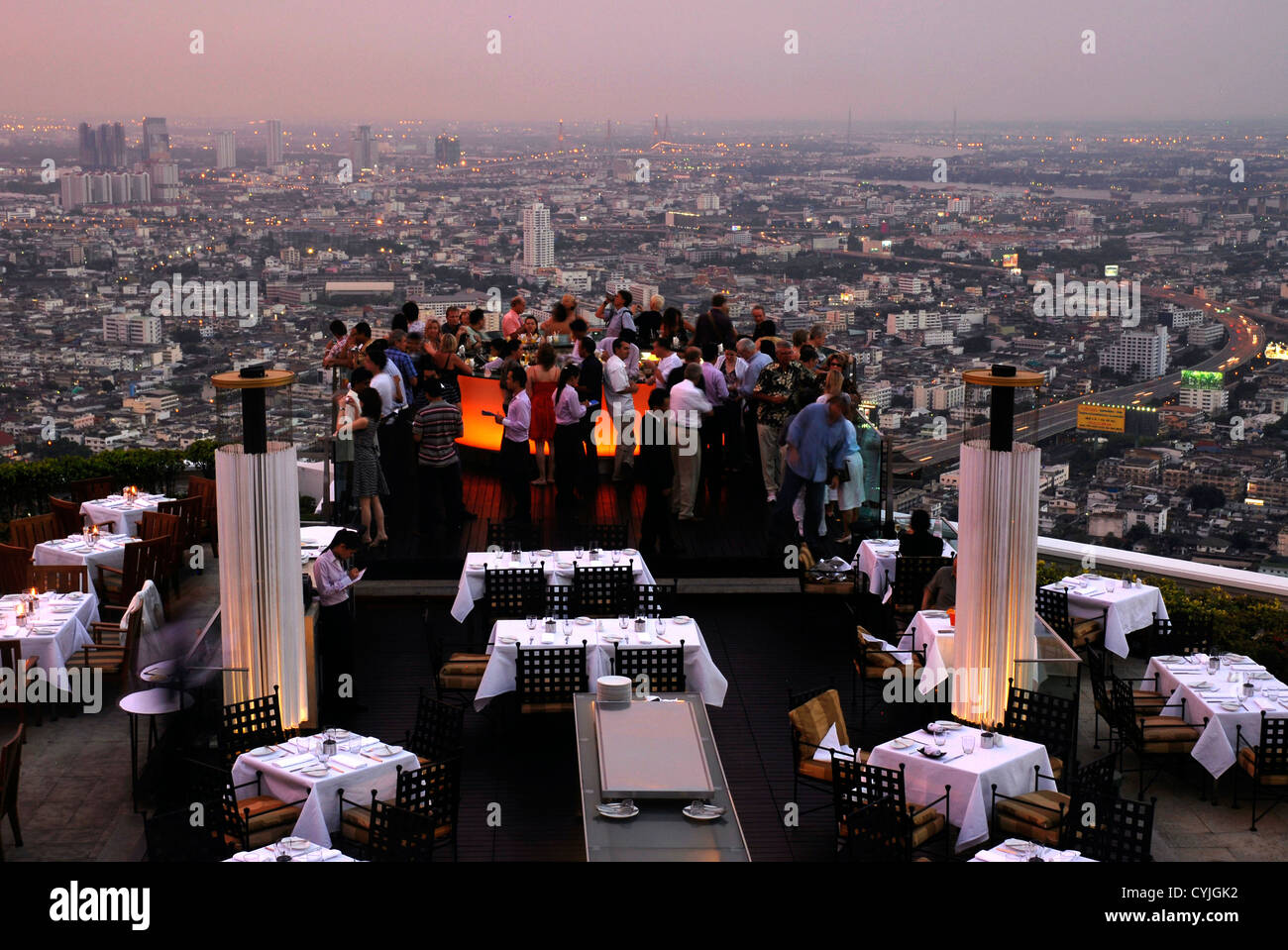 People, View, Panoramic, Night life, Bar, Restaurant, Breeze,  Dome, State Tower, Bangkok, Thailand, Asia, Sirocco Stock Photo