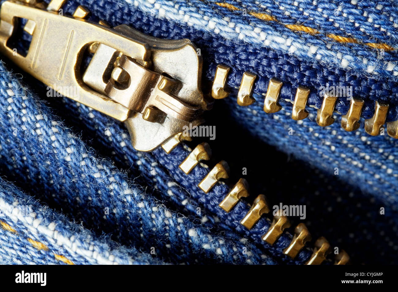 Blue denim jeans zipper. Stock Photo