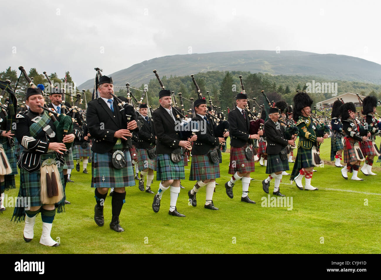 Scottish Massed Pipe Bands marching at the "Braemar Gathering