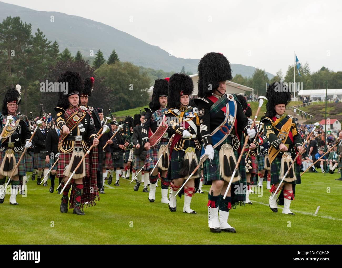 Scottish Massed Pipe Bands playing at the 'Braemar Gathering' (Highland Games), Scotland Stock Photo