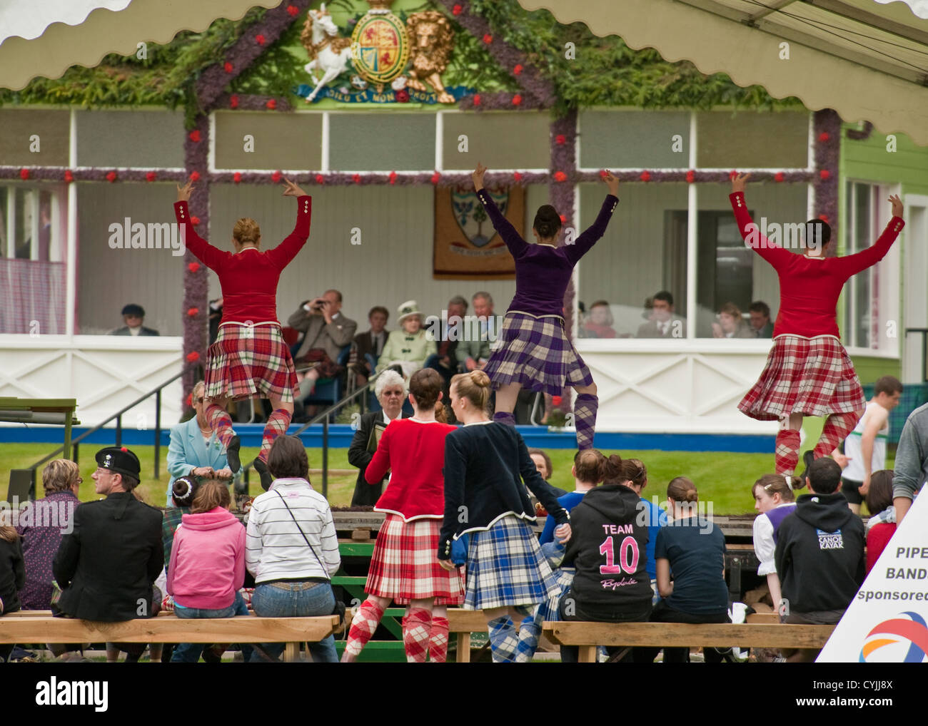 Scottish dancers performing in front of the Royal Family at the Braemar Highland Games ('Braemar Gathering'), Scotland Stock Photo