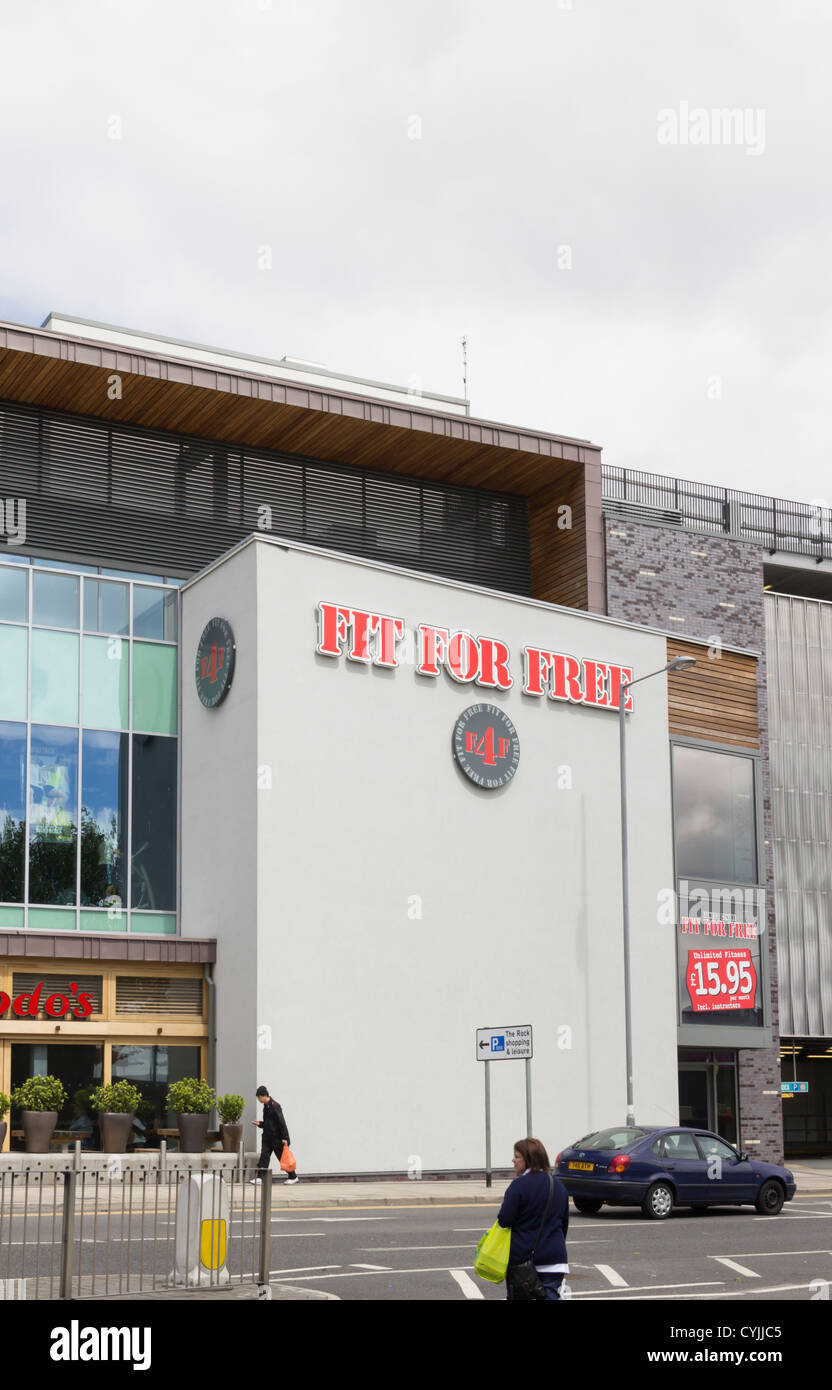Entrance to the 'Fit for Free' fitness gym at the Rock Centre, Bury, Lancashire. The name is misleading as charges apply. Stock Photo