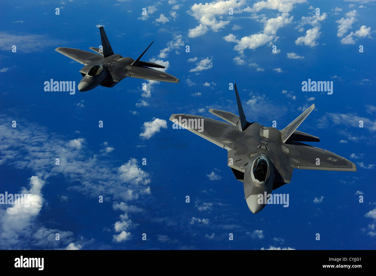 US Air Force F-22 Raptor performs February 16, 2010 over Andersen Air Force Base in Guam. Stock Photo