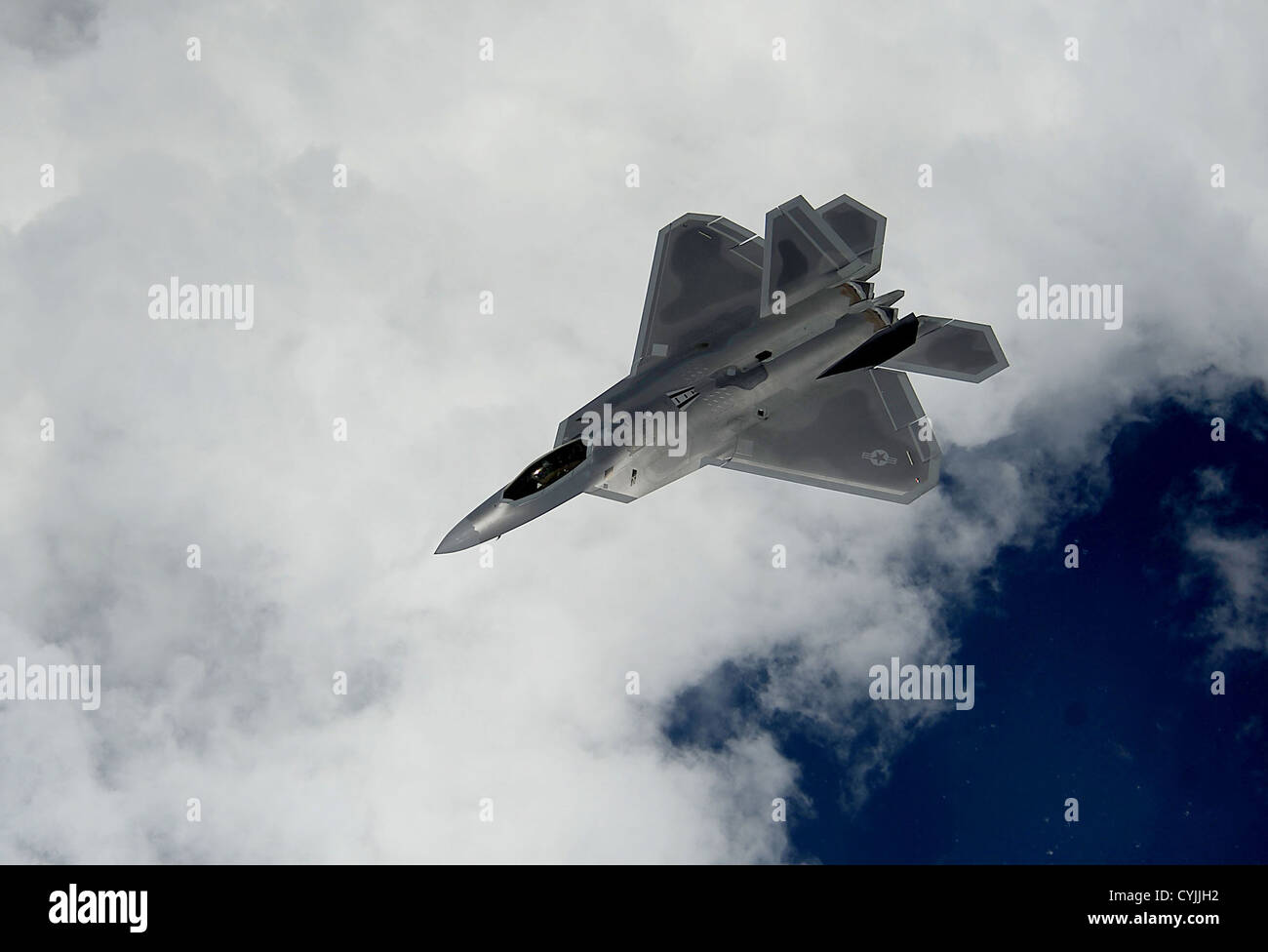 US Air Force F-22 Raptor performs July 10, 2012 over Andrews Air Force Base, Maryland. Stock Photo