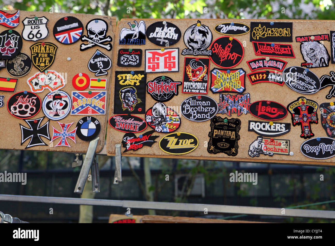 Heavy metal rock band patches for sale, El rastro, Madrid, Spain, Espana  Stock Photo - Alamy