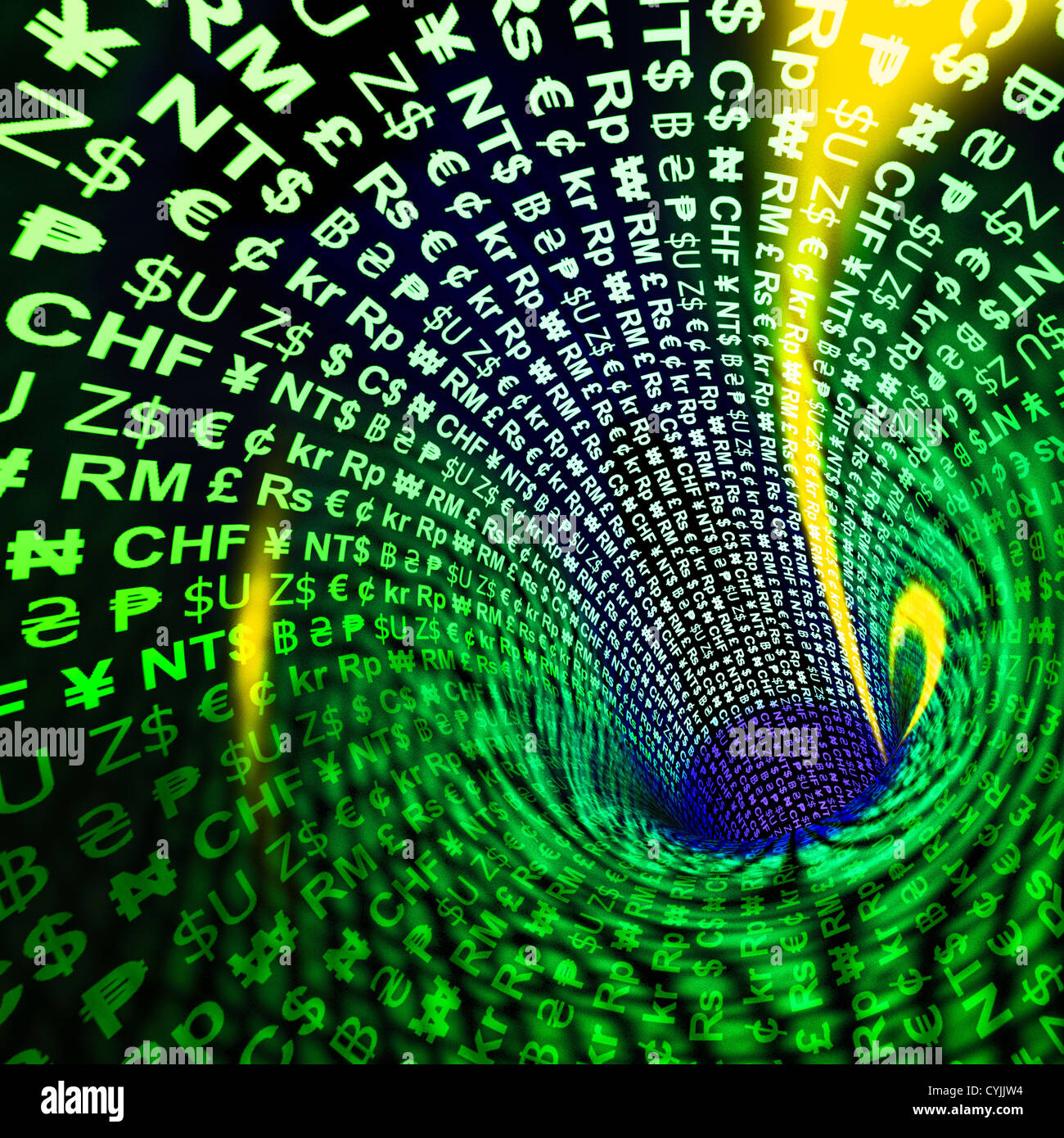 Currency Symbols Glowing In Yellow Showing Exchange Rates And Finance Stock Photo