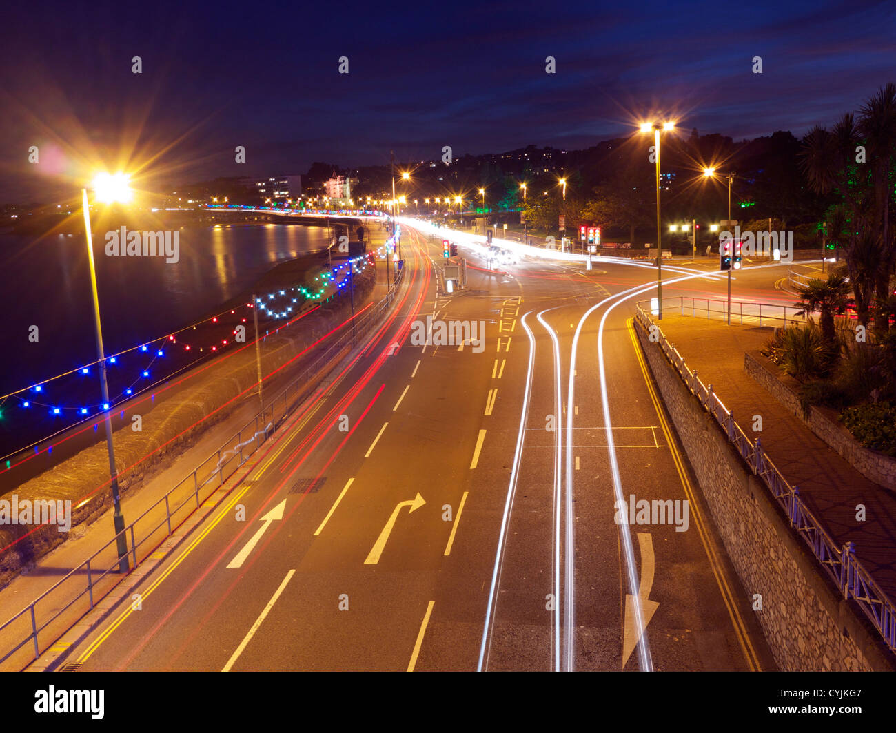 Light trails along Torquay seafront at night Stock Photo Alamy
