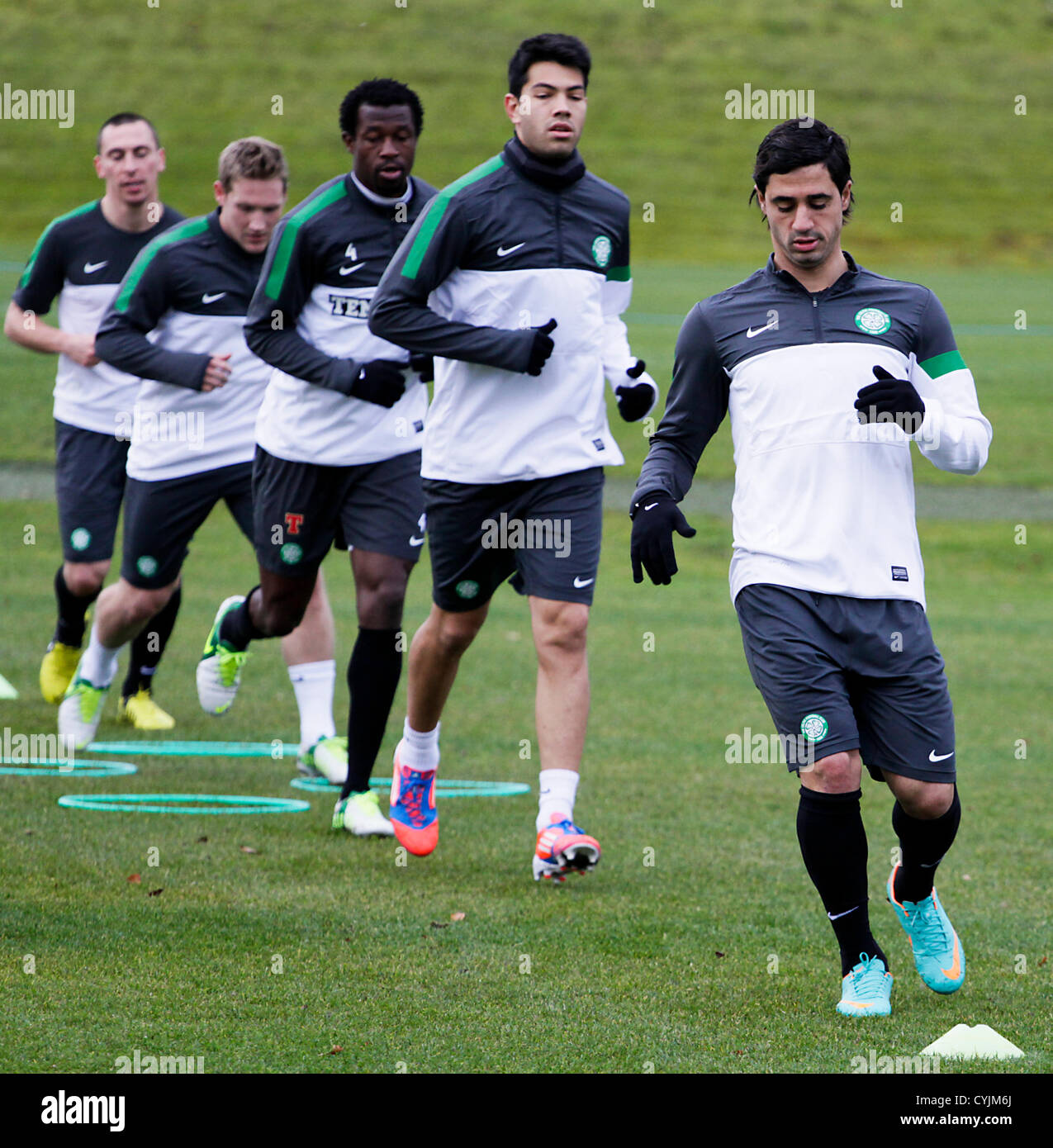 06.11.2012 Lennoxtown, Scotland. Beram Kayal, Miku, Efe Ambrose, Kris Commons and Scott Brown during the Celtic Training session ahead of their game with Barcelona on Wednesday. Stock Photo