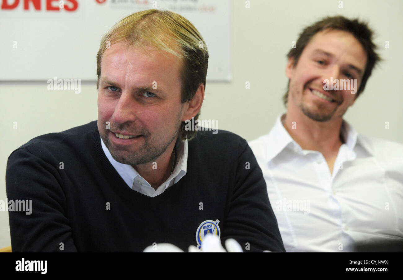 Rostislav Vlach Left Coach Of Psgs Zlin And Petr Cajanek Captain Of Zlin Team Speak During A Press Conference On Friendly Hockey Match Psg Zlin Vs Lokomotiv Yaroslavl In Memory Of Karel