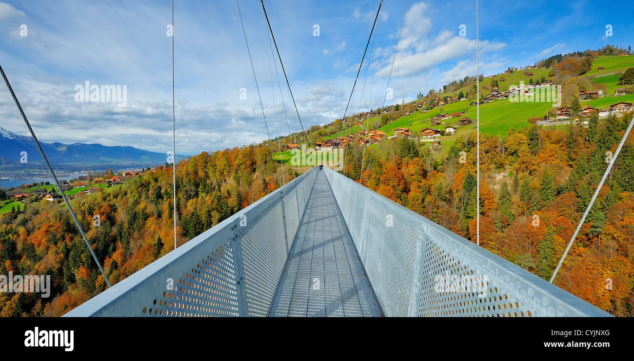 Panorama Suspension Bridge across the Gummischlucht (Gummi Canyon), Sigriswil, Bern, Switzerland Stock Photo