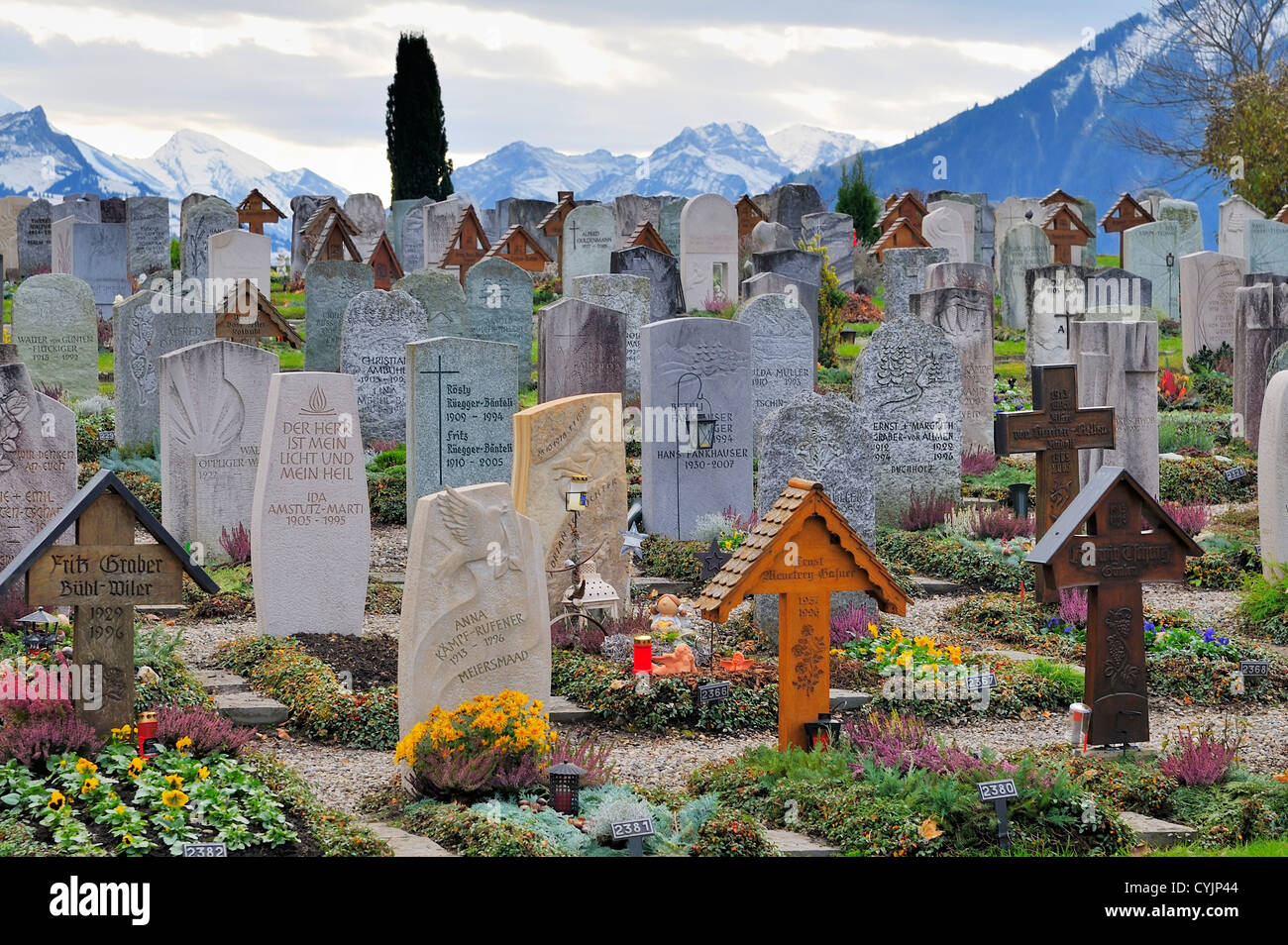 Cemetery in the mountain village of Sigriswil, Bern, Switzerland Stock Photo