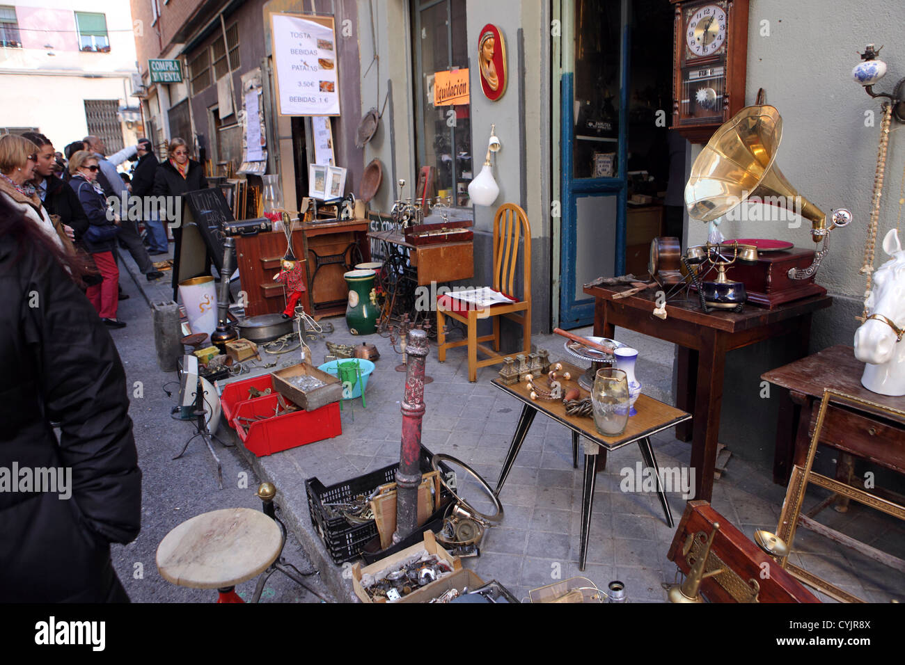 Bric-a-Brac antiques second hand items for sale, El rastro Sunday street market, Madrid, Spain. Stock Photo