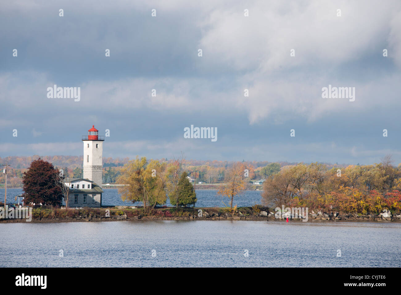 New York, Ogdensburg. Ogdensburg Lighthouse in autumn. Lighthouse Point