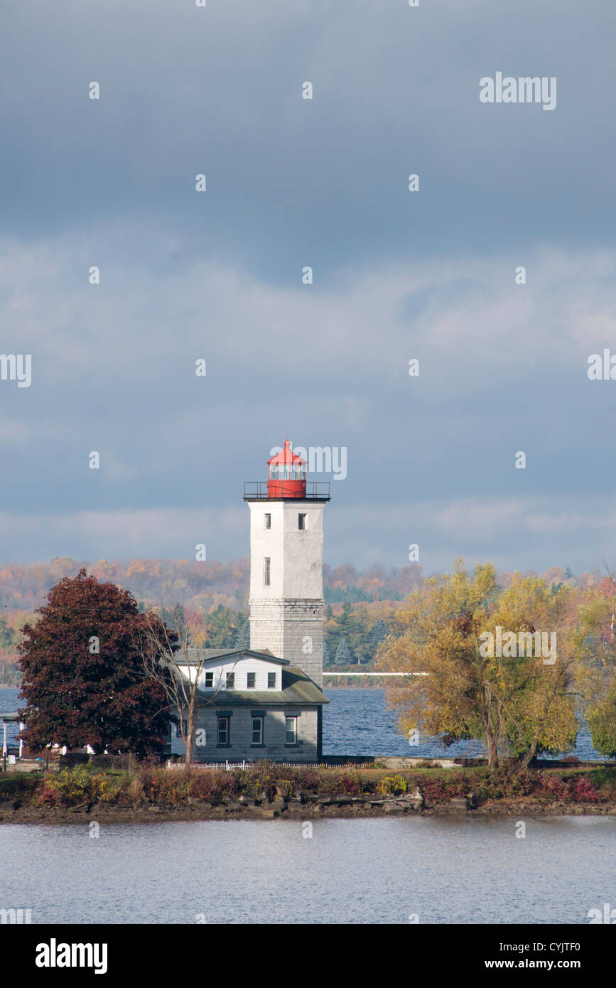 New York, Ogdensburg. Ogdensburg Lighthouse in autumn. Lighthouse Point
