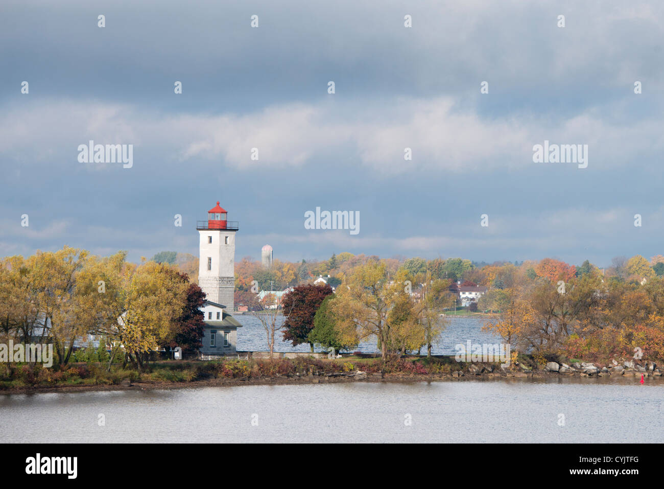 New York, Ogdensburg. Ogdensburg Lighthouse in autumn. Lighthouse Point