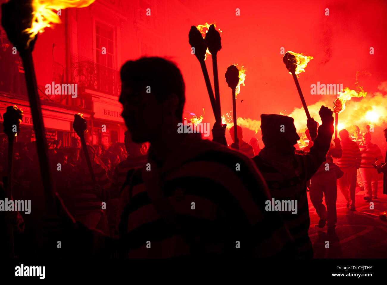 Cliffe bonfire society members. Guy Fawkes Night celebration in Lewes ...