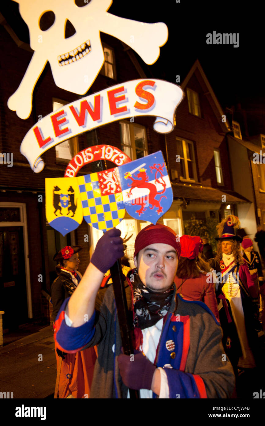 Cliffe bonfire society members. Guy Fawkes Night celebration in Lewes, East Sussex, UK. Stock Photo