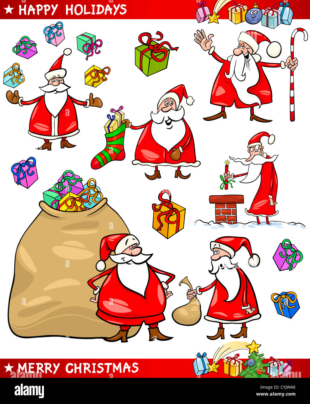 Cartoon Illustration of Santa Claus or Papa Noel with Sack of Gifts ...
