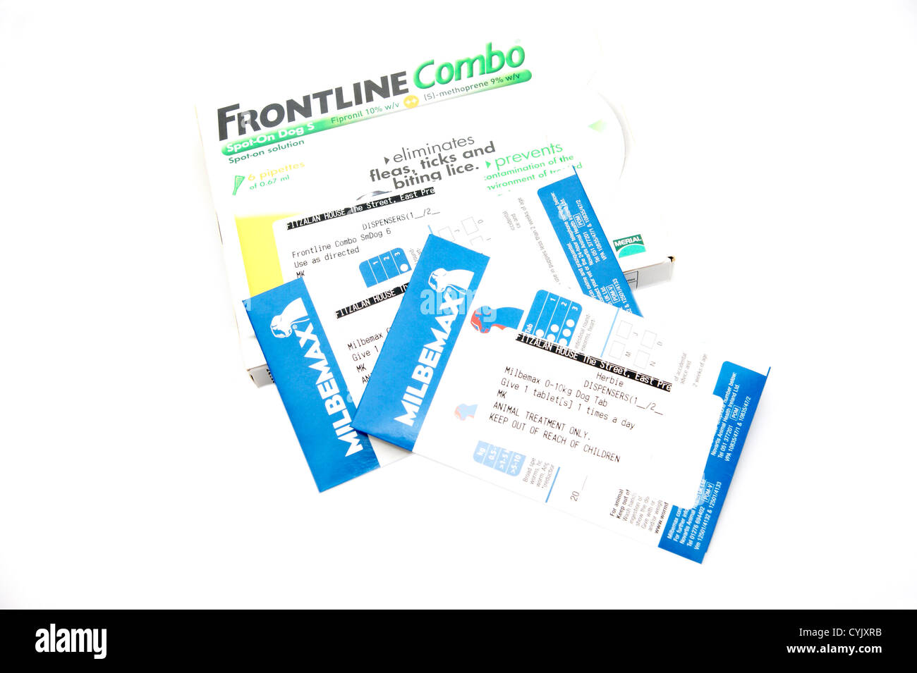 Frontline pipettes treatment prevents fleas ticks & insects & Milbemax worming tablets for dogs Stock Photo