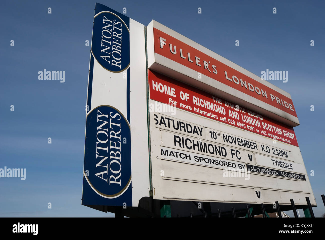 fixture board at richmond athletic club, surrey, england, also showing sponsors names Stock Photo