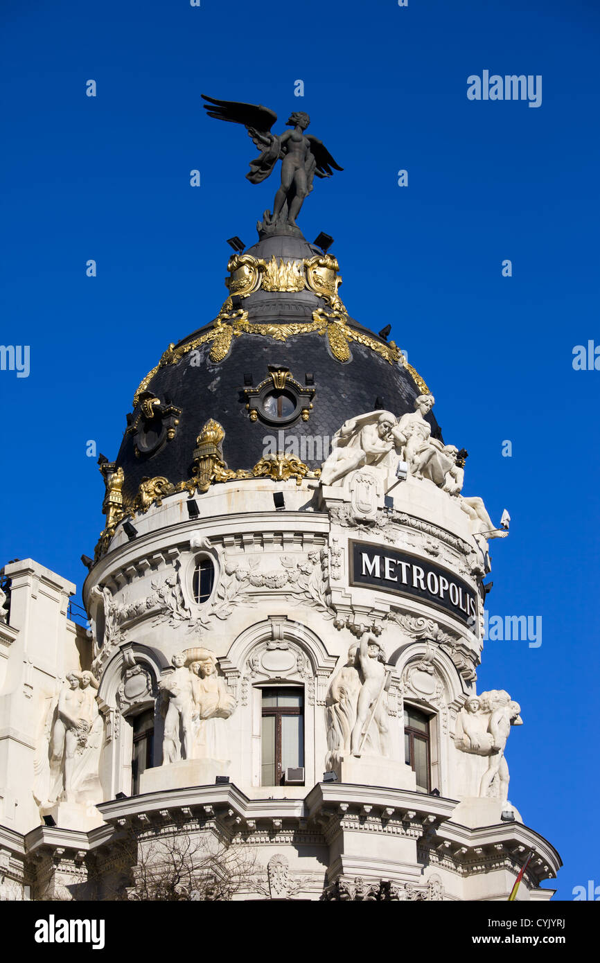 The Metropolis Building in the city of Madrid, Spain, Beaux-Arts architectural style. Stock Photo