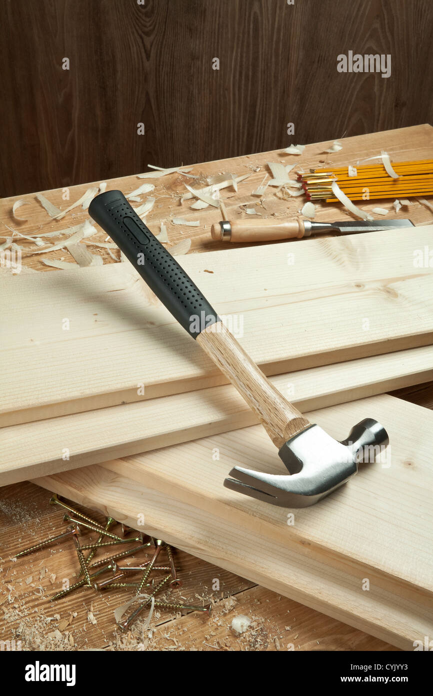 Wooden planks and hammer Stock Photo Alamy