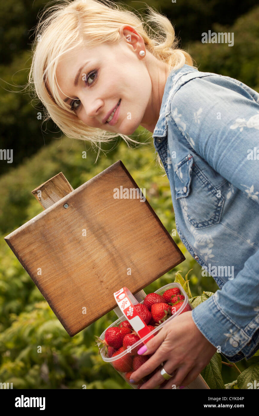 Beautiful blonde woman holding punnet of freshly picked strawberries in ...
