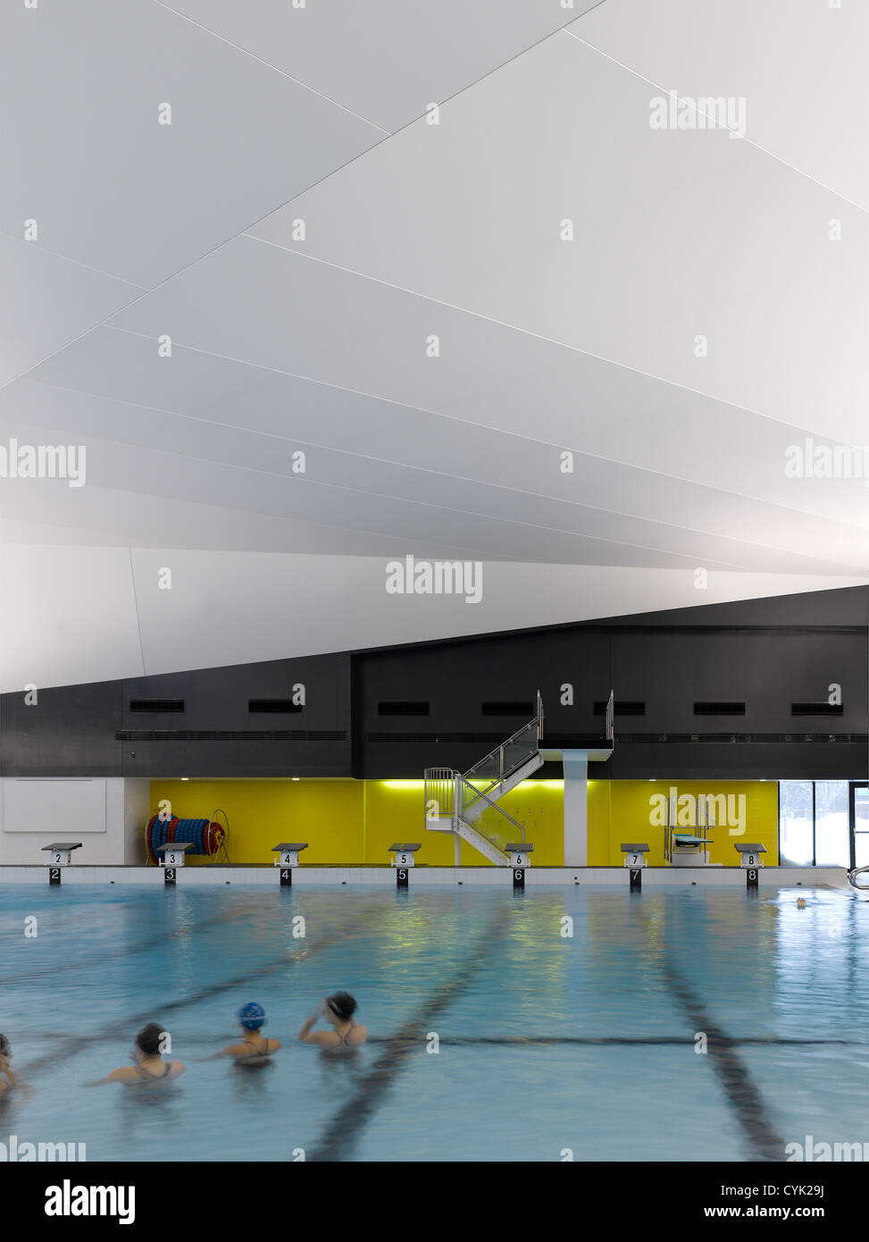 Centre Aquatique, St Hyacinthe, St Hyacinthe, Canada. Architect: acdf* Architecture, 2012. Main competition pool, diving boards, Stock Photo