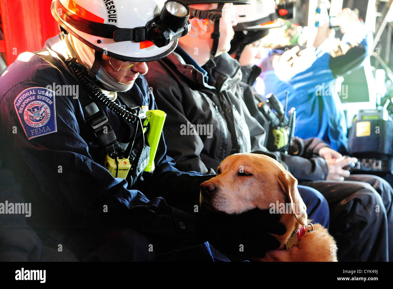 JOINT BASE MCGUIRE-DIX-LAKEHURST, N.J. – Dominic Dipietco, a specialist with the Maryland Urban Search and Rescue Task Force, pets search dog Jed aboard a U.S. Army CH-47 helicopter assigned to the Georgia Army National Guard on a flight from Joint Base M Stock Photo