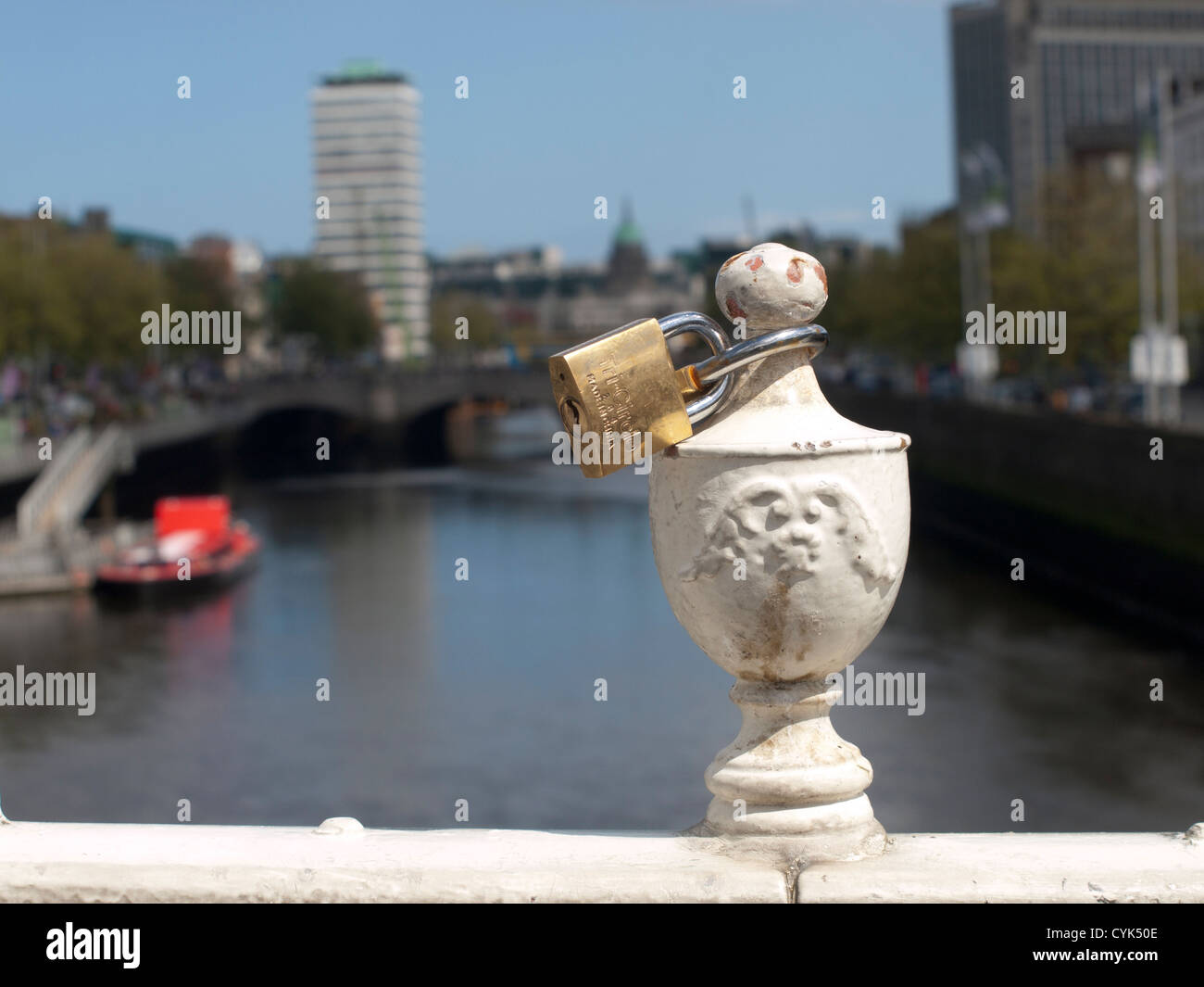 central Dublin Ireland small padlocks attached to the railing of Ha