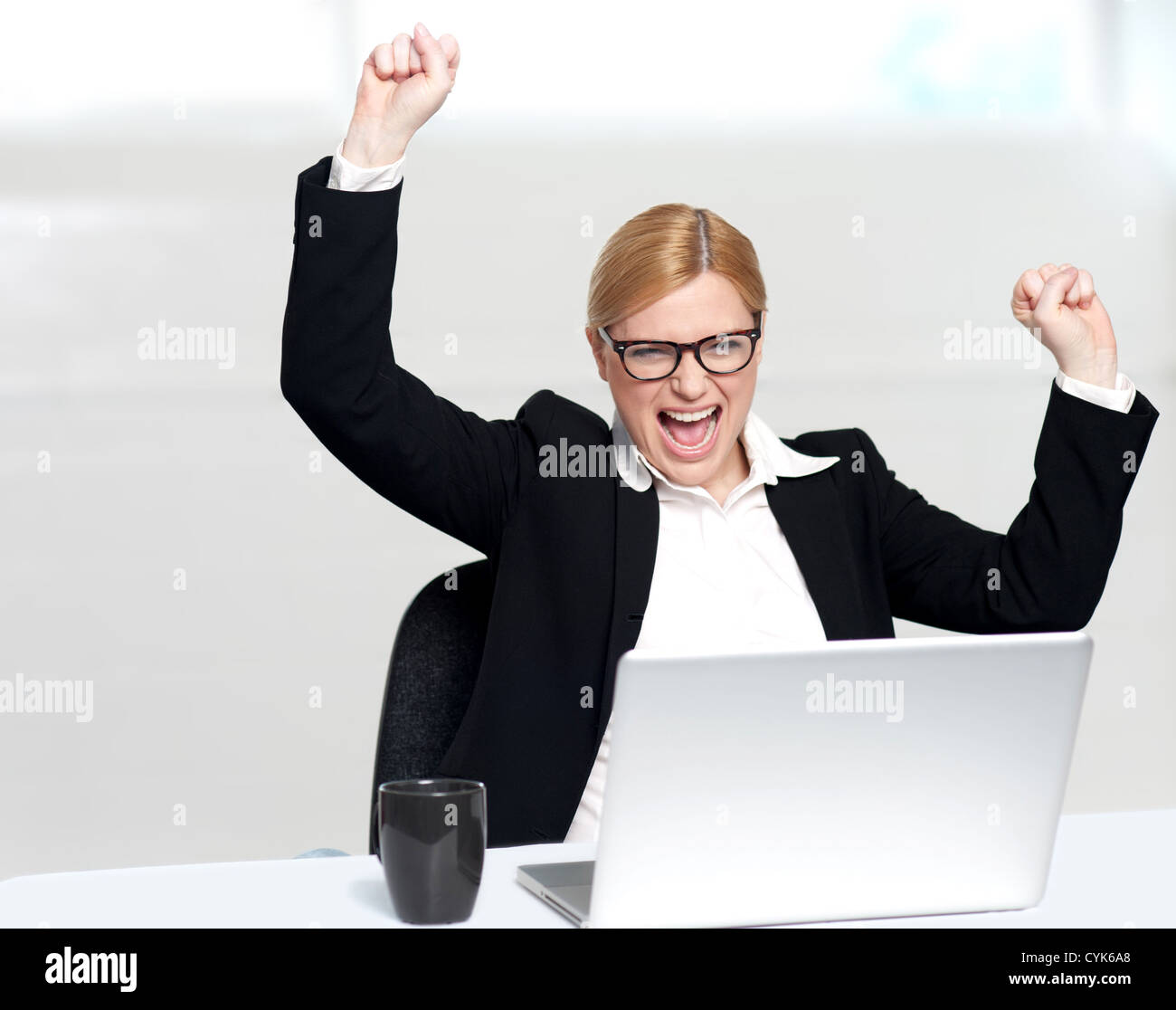 Cheerful woman raised hands hi-res stock photography and images - Alamy
