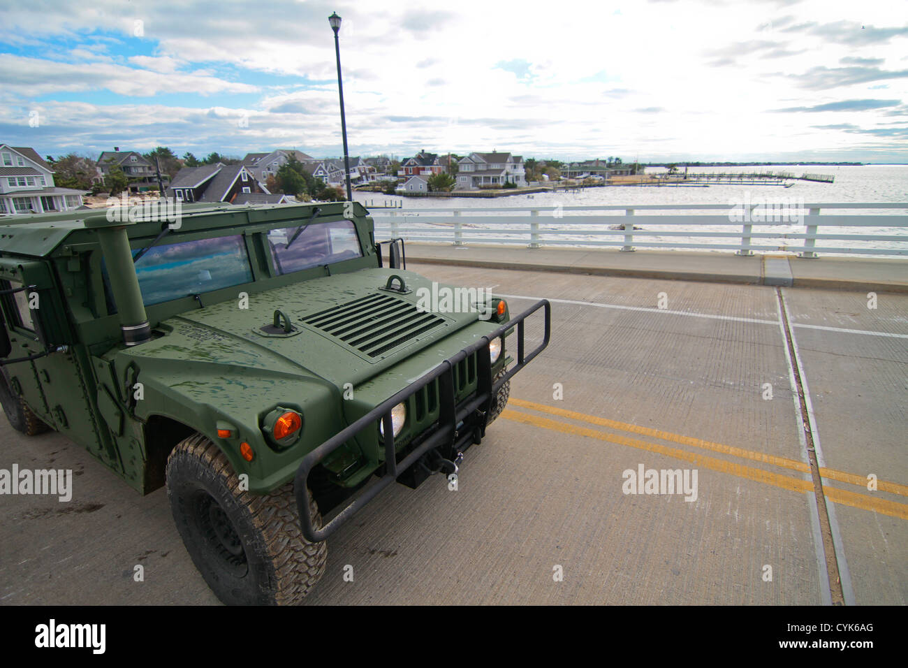 A New Jersey Air National Guard HUMMWV from the 177th Fighter Wing, New Jersey Air National Guard patrols the beach areas of Brick Township, N.J. on Nov 3. The 177th Fighter Wing Airmen are assisting local law enforcement in keeping the island safe. New J Stock Photo