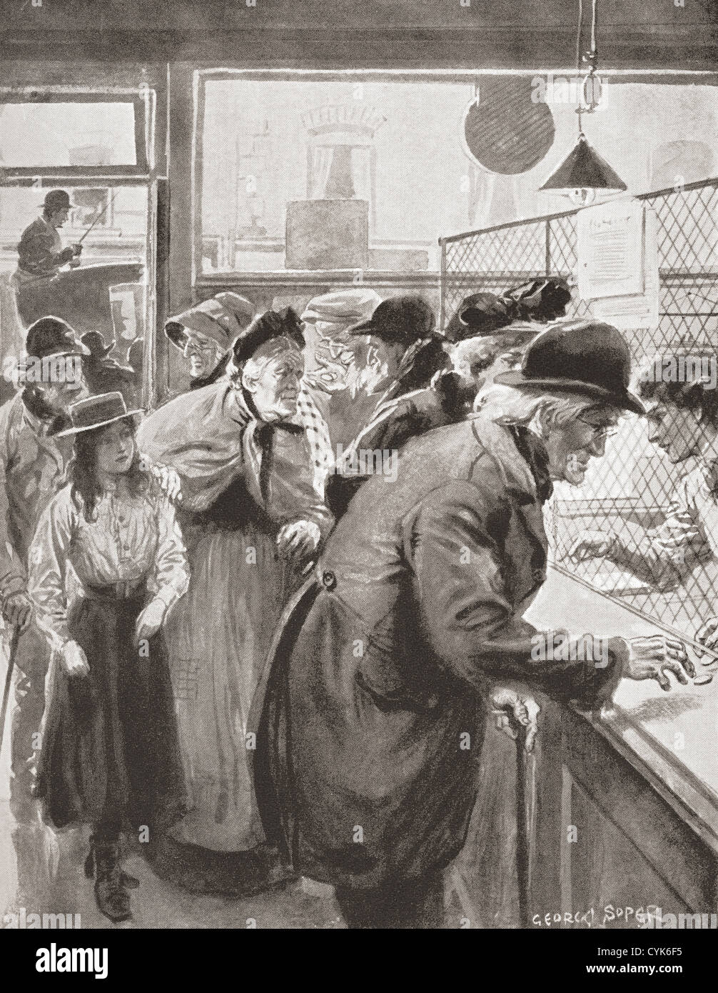 Elderly people collecting the Old Age Pension, paid for the first time in Great Britain in January 1909. Stock Photo