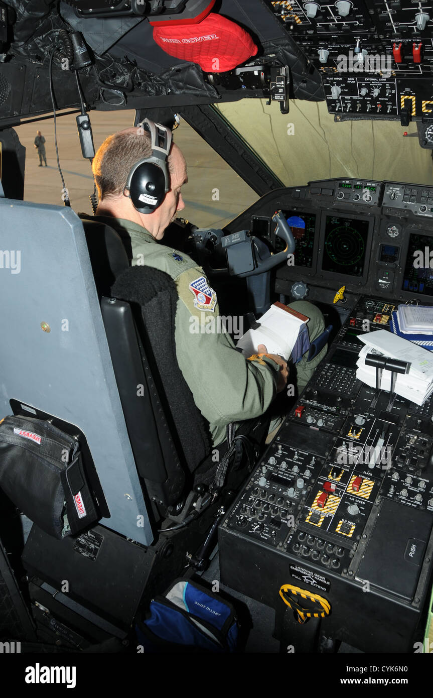 U. S. Air Force Col. Kelly Miller, aircraft pilot, completes his preflight checklist on Key Field Air National Guard Base, Meridian, Miss., Nov. 3, 2012. Miller prepares to fly a U. S. Air Force C-27J Spartan military transport aircraft in support of hurr Stock Photo