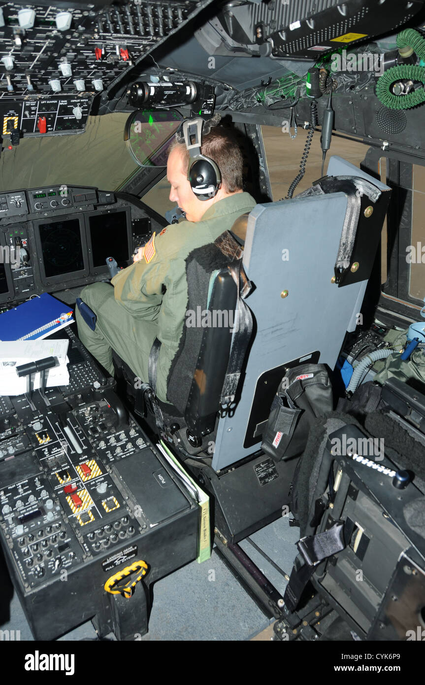 U. S. Air Force Maj. Brad Anthony, aircraft copilot, completes his preflight checklist on Key Field Air National Guard Base, Meridian, Miss., Nov. 3, 2012. Anthony prepares to fly a U. S. Air Force C-27J Spartan military transport aircraft in support of h Stock Photo
