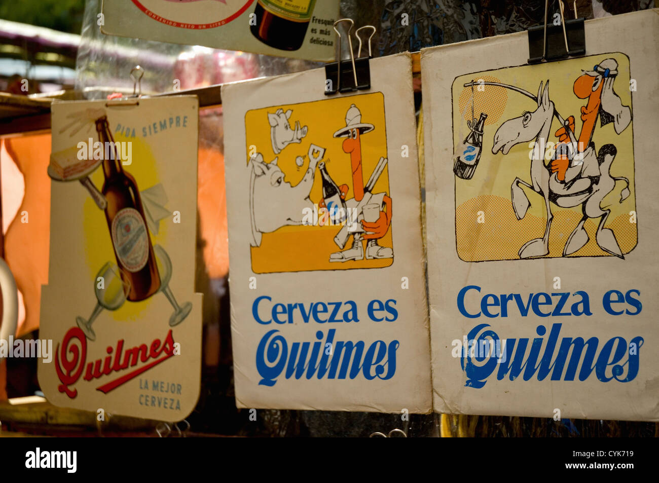 Argentina. Buenos Aires. San Telmo. Flea Market. Antique beer advertisements. Stock Photo