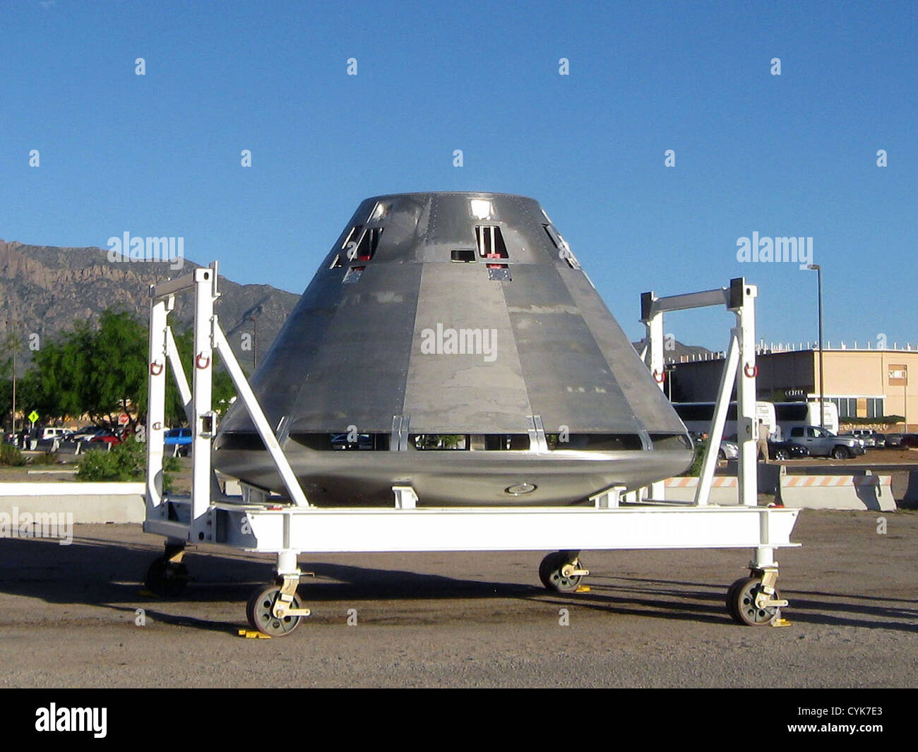 Mockup of the Orion Crew Module, on display at White Sands Missile Range during the Orion Pad Abort 1 test flight. Stock Photo